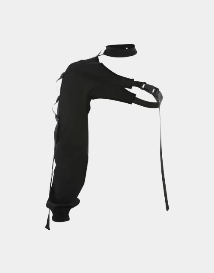 Asymmetric one-shoulder techwear top shown in black and reflective finish options with a sculptural shoulder line and modern urban styling — view 1