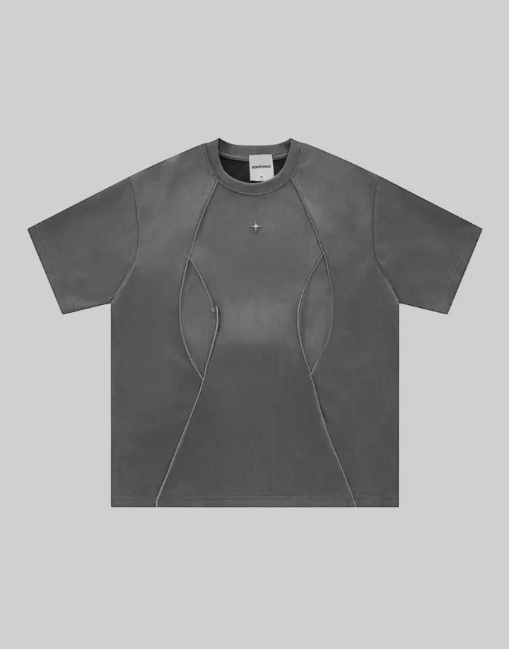 Dark graphic techwear t-shirt with an abstract futuristic print and relaxed urban streetwear silhouette, Clotechnow series 089 — view 2
