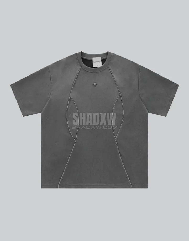 Dark graphic techwear t-shirt with an abstract futuristic print and relaxed urban streetwear silhouette, Clotechnow series 089 — view 2