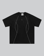 Dark graphic techwear t-shirt with an abstract futuristic print and relaxed urban streetwear silhouette, Clotechnow series 089 — view 1