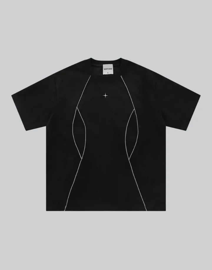Dark graphic techwear t-shirt with an abstract futuristic print and relaxed urban streetwear silhouette, Clotechnow series 089 — view 1