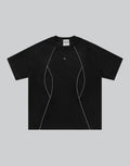 Dark graphic techwear t-shirt with an abstract futuristic print and relaxed urban streetwear silhouette, Clotechnow series 089 — view 1