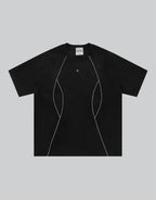 Dark graphic techwear t-shirt with an abstract futuristic print and relaxed urban streetwear silhouette, Clotechnow series 089 — view 1