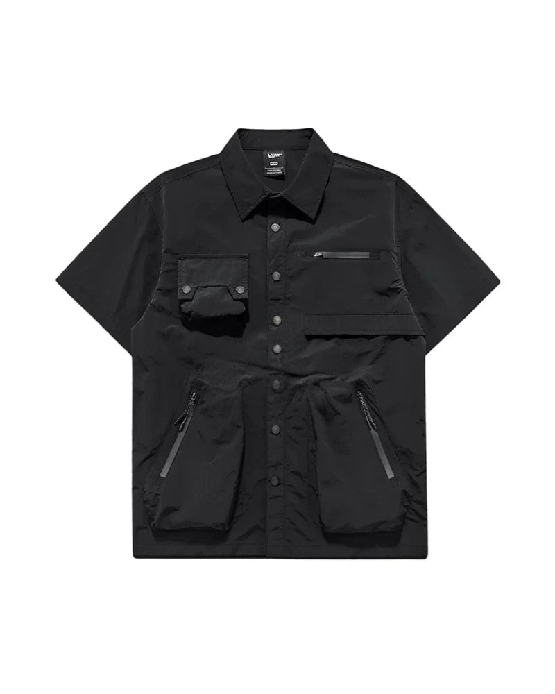 Dark graphic techwear t-shirt with an abstract futuristic print and relaxed urban streetwear silhouette, Clotechnow series 092 — view 3