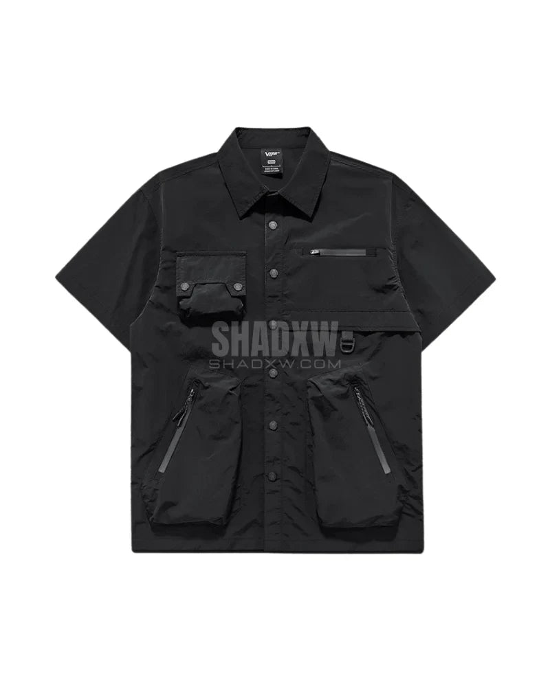 Dark graphic techwear t-shirt with an abstract futuristic print and relaxed urban streetwear silhouette, Clotechnow series 092 — view 3