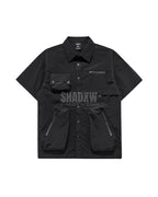 Dark graphic techwear t-shirt with an abstract futuristic print and relaxed urban streetwear silhouette, Clotechnow series 092 — view 3