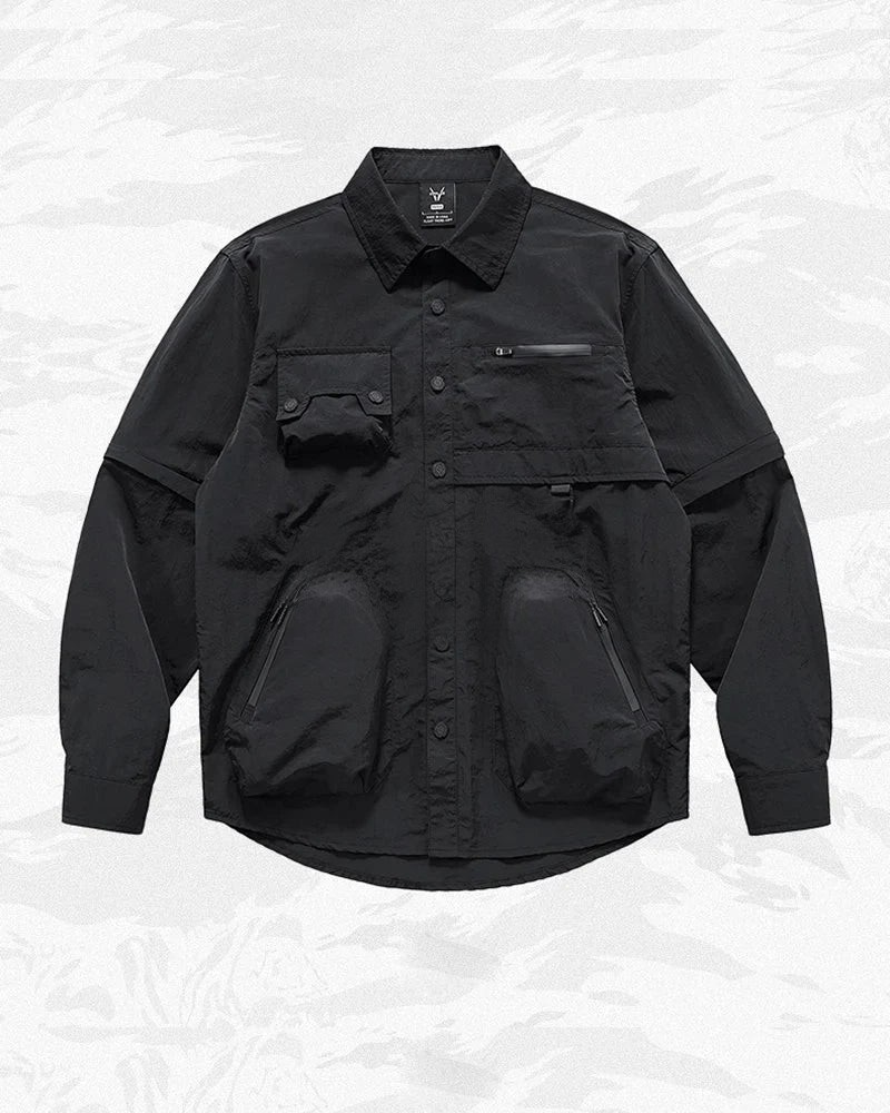 Dark graphic techwear t-shirt with an abstract futuristic print and relaxed urban streetwear silhouette, Clotechnow series 092 — view 4
