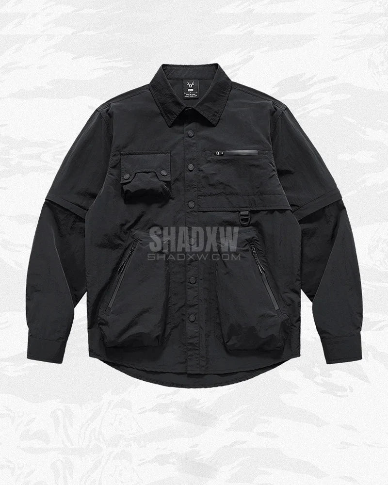 Dark graphic techwear t-shirt with an abstract futuristic print and relaxed urban streetwear silhouette, Clotechnow series 092 — view 4