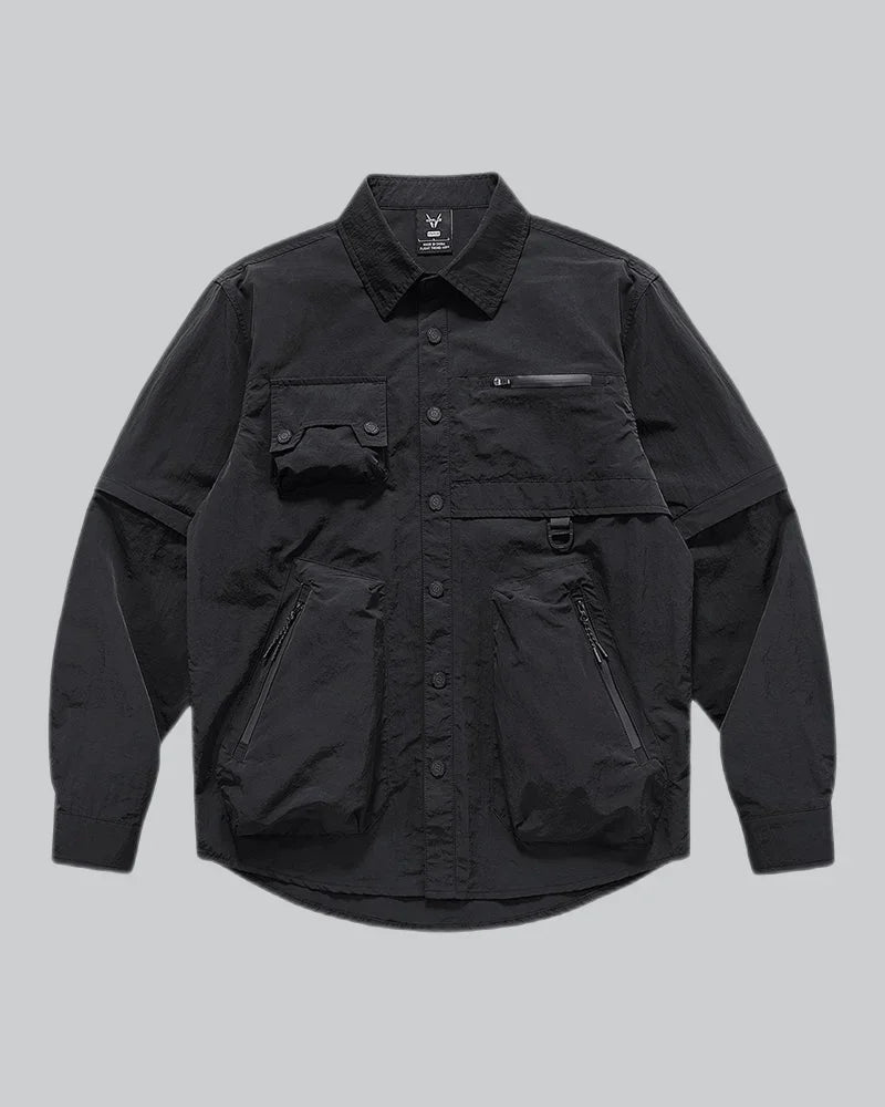 Dark graphic techwear t-shirt with an abstract futuristic print and relaxed urban streetwear silhouette, Clotechnow series 092 — view 1