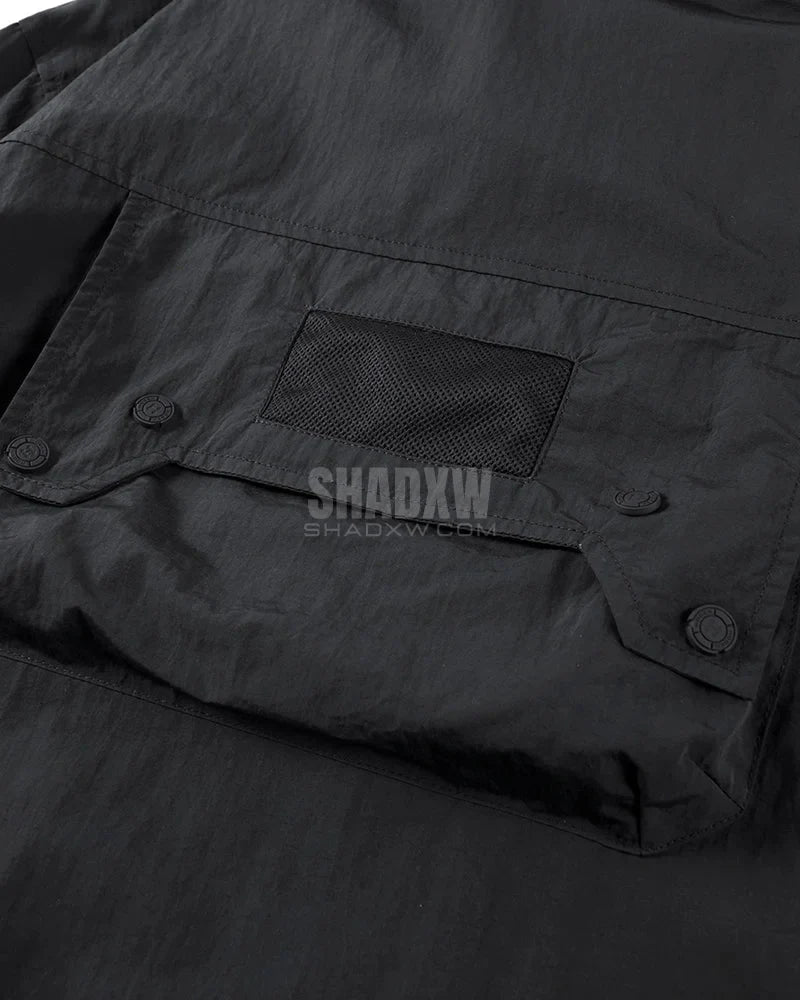 Dark graphic techwear t-shirt with an abstract futuristic print and relaxed urban streetwear silhouette, Clotechnow series 092 — view 8