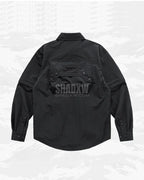 Dark graphic techwear t-shirt with an abstract futuristic print and relaxed urban streetwear silhouette, Clotechnow series 092 — view 5