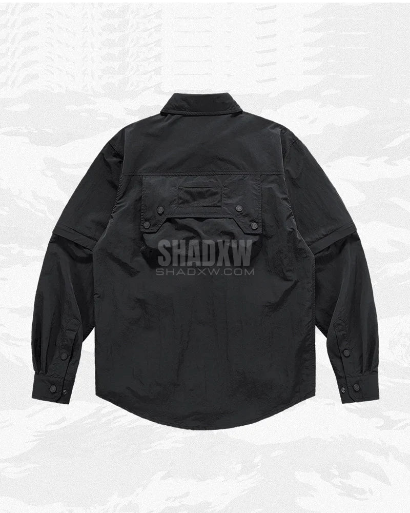 Dark graphic techwear t-shirt with an abstract futuristic print and relaxed urban streetwear silhouette, Clotechnow series 092 — view 5