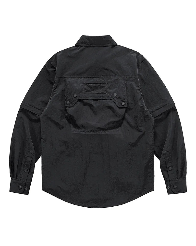 Dark graphic techwear t-shirt with an abstract futuristic print and relaxed urban streetwear silhouette, Clotechnow series 092 — view 2