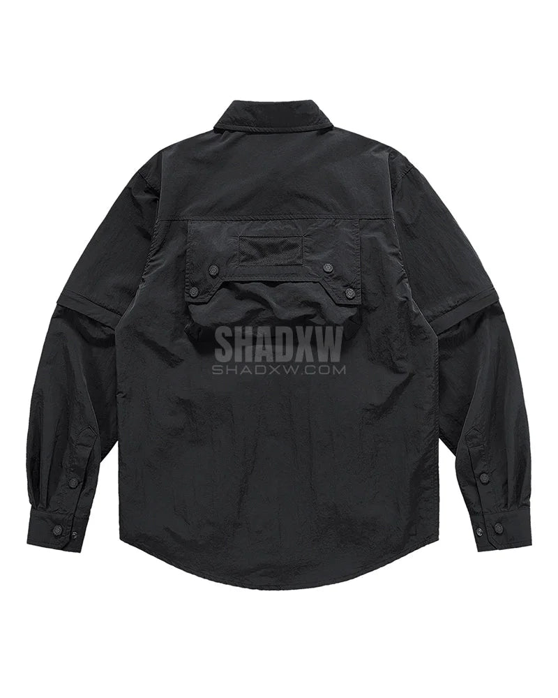 Dark graphic techwear t-shirt with an abstract futuristic print and relaxed urban streetwear silhouette, Clotechnow series 092 — view 2