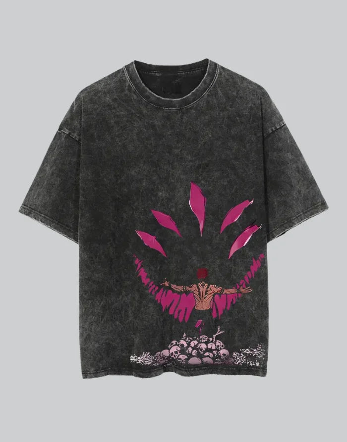 Distressed oversized graphic techwear tee with a dual-faced motif in high-contrast monochrome and a rugged washed finish — view 1