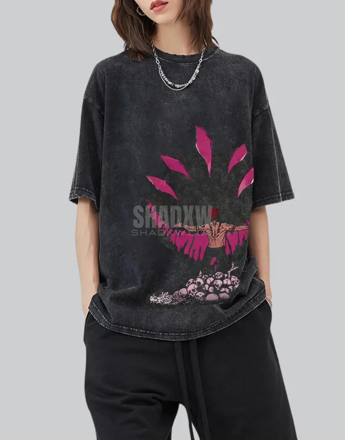 Distressed oversized graphic techwear tee with a dual-faced motif in high-contrast monochrome and a rugged washed finish — view 2