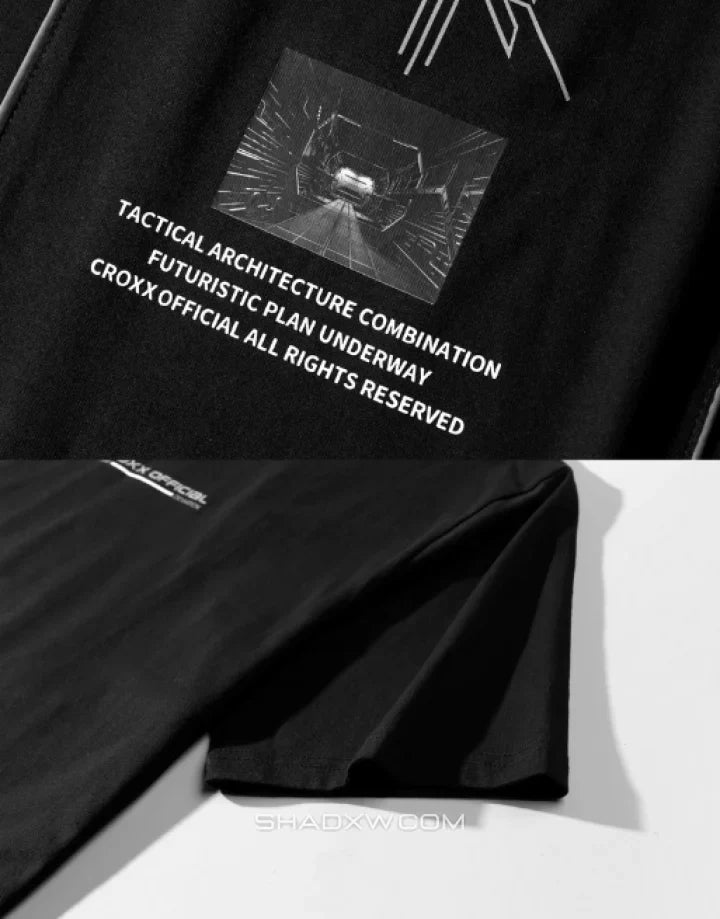 Monochrome techwear t-shirt with large futuristic back graphic and contrasting linework for an urban-cyber aesthetic — view 8