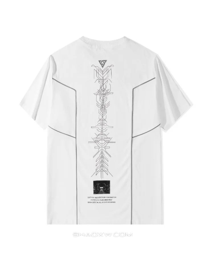 Monochrome techwear t-shirt with large futuristic back graphic and contrasting linework for an urban-cyber aesthetic — view 9