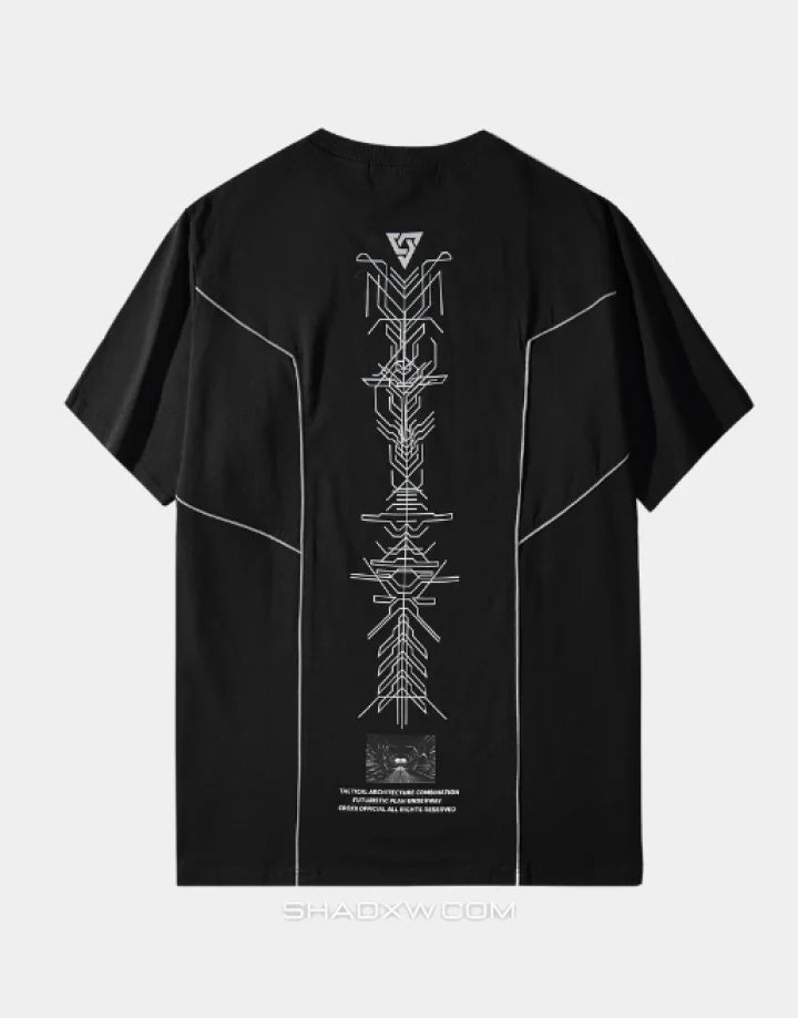 Monochrome techwear t-shirt with large futuristic back graphic and contrasting linework for an urban-cyber aesthetic — view 2