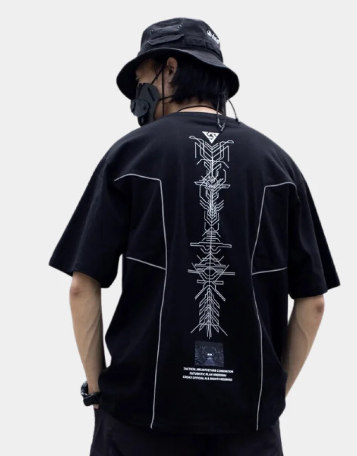 Monochrome techwear t-shirt with large futuristic back graphic and contrasting linework for an urban-cyber aesthetic — view 1