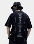 Monochrome techwear t-shirt with large futuristic back graphic and contrasting linework for an urban-cyber aesthetic — view 1