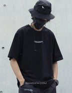 Monochrome techwear t-shirt with large futuristic back graphic and contrasting linework for an urban-cyber aesthetic — view 4