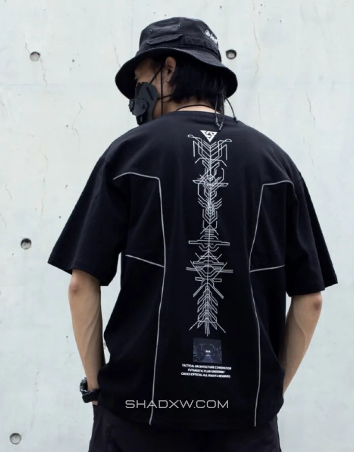 Monochrome techwear t-shirt with large futuristic back graphic and contrasting linework for an urban-cyber aesthetic — view 5
