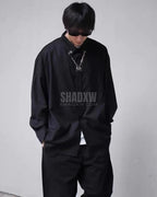 Dark graphic techwear t-shirt with an abstract futuristic print and relaxed urban streetwear silhouette, Clotechnow series 094 — view 8