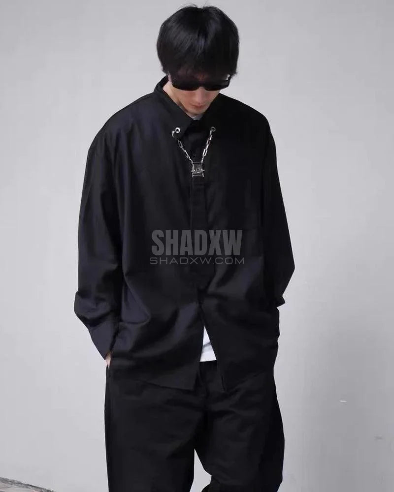 Dark graphic techwear t-shirt with an abstract futuristic print and relaxed urban streetwear silhouette, Clotechnow series 094 — view 8