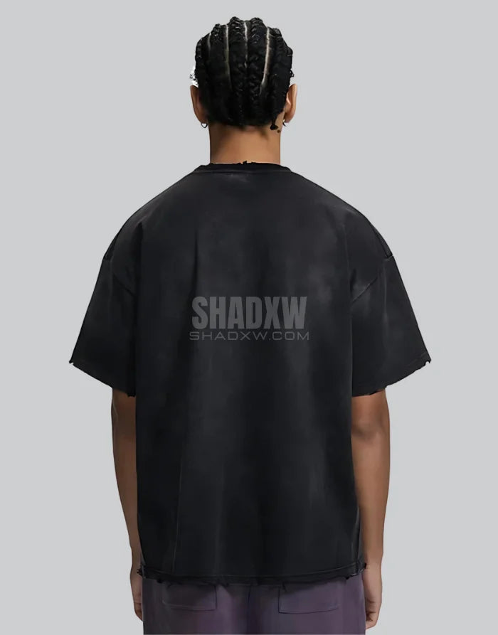 Minimalist oversized black techwear t-shirt with clean seam lines, long hem, and understated urban design for layered outfits — view 7