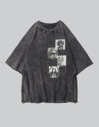 Oversized graphic techwear tee featuring a large monochrome statue-inspired print on a longline streetwear silhouette — view 1