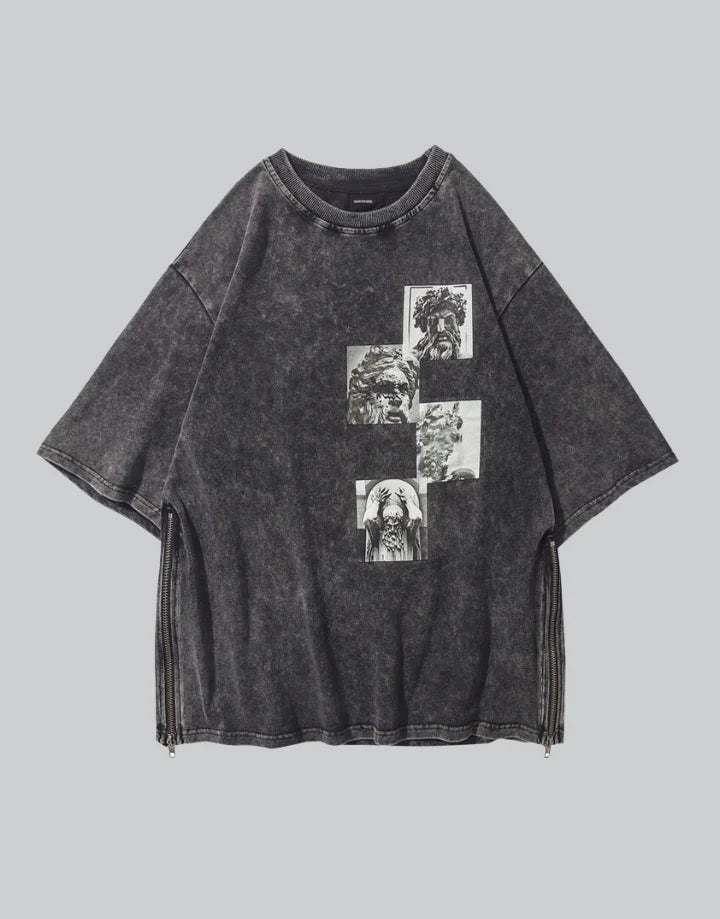 Oversized graphic techwear tee featuring a large monochrome statue-inspired print on a longline streetwear silhouette — view 1
