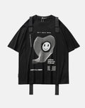 Black techwear short-sleeve shirt with twin front pockets and decorative shoulder-to-chest straps in urban tactical style — view 1