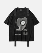 Black techwear short-sleeve shirt with twin front pockets and decorative shoulder-to-chest straps in urban tactical style — view 1