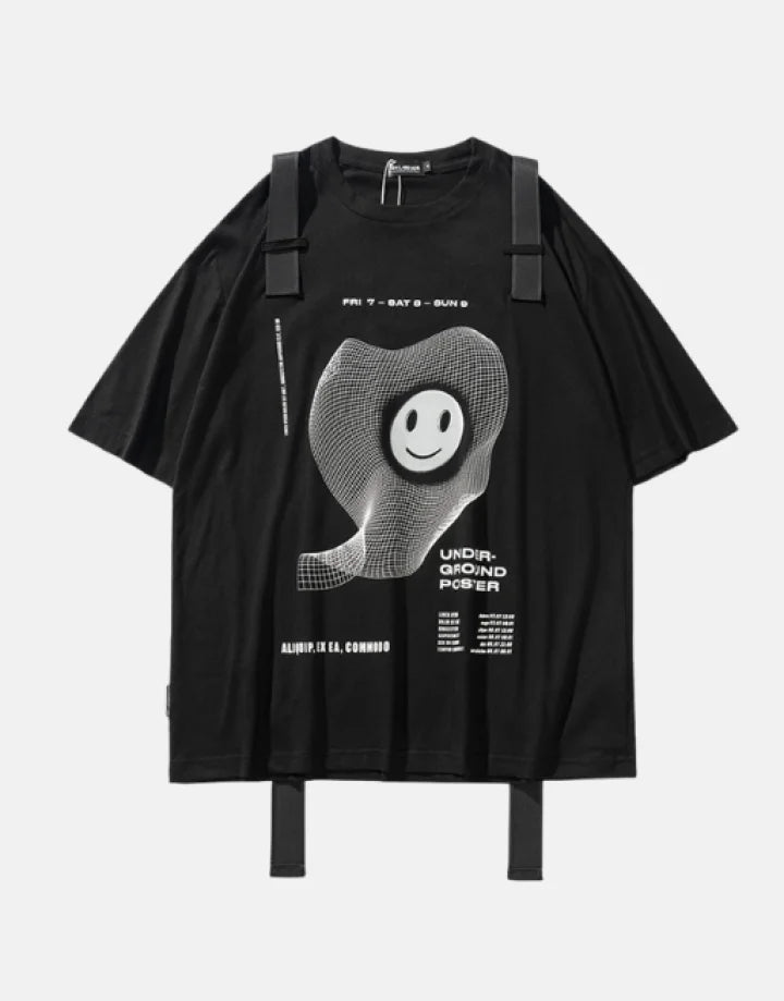 Black techwear short-sleeve shirt with twin front pockets and decorative shoulder-to-chest straps in urban tactical style — view 1