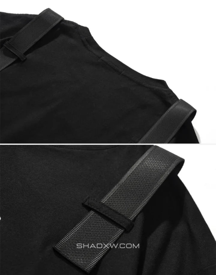 Black techwear short-sleeve shirt with twin front pockets and decorative shoulder-to-chest straps in urban tactical style — view 5