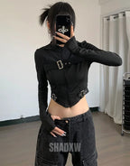 Dark graphic techwear t-shirt with an abstract futuristic print and relaxed urban streetwear silhouette, Clotechnow series 069 — view 3