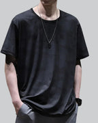 Dark graphic techwear t-shirt with an abstract futuristic print and relaxed urban streetwear silhouette, Clotechnow series 096 — view 1