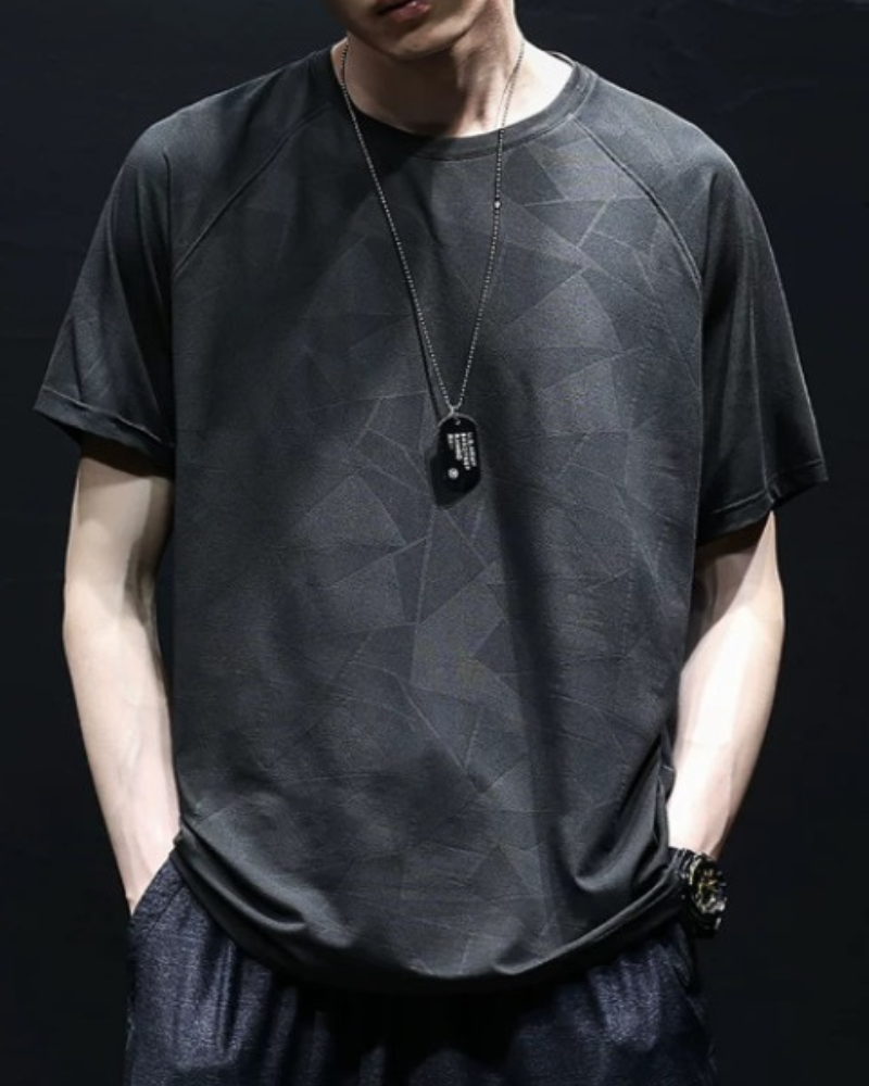 Dark graphic techwear t-shirt with an abstract futuristic print and relaxed urban streetwear silhouette, Clotechnow series 096 — view 4