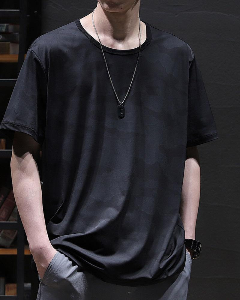 Dark graphic techwear t-shirt with an abstract futuristic print and relaxed urban streetwear silhouette, Clotechnow series 096 — view 5
