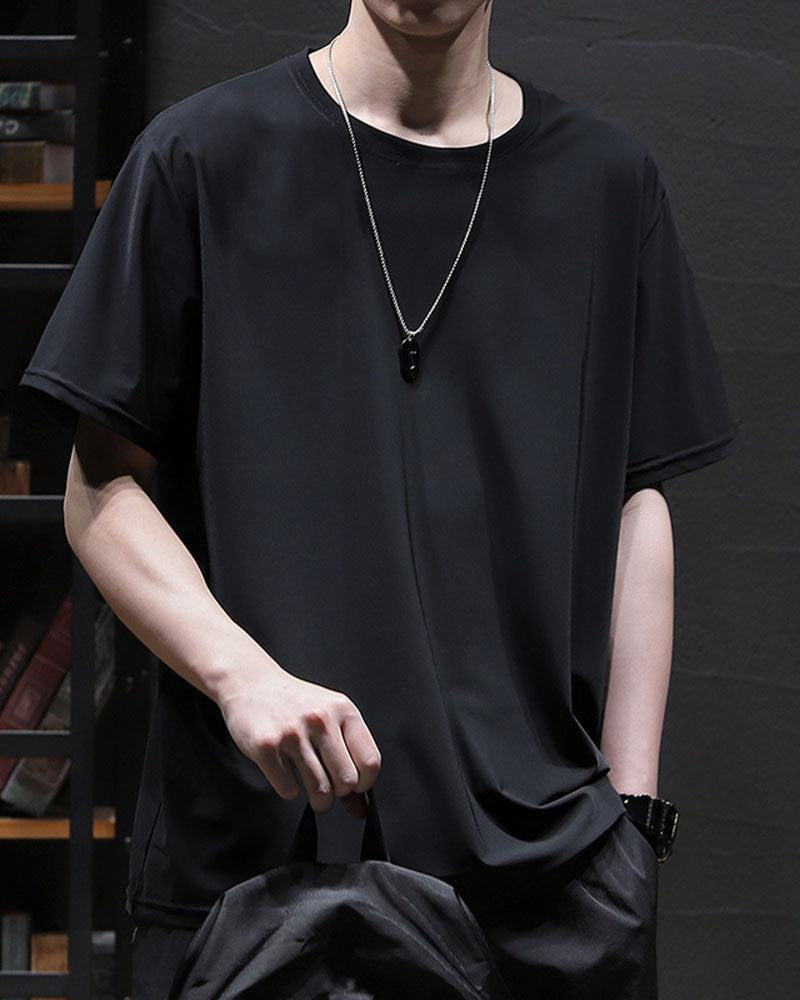 Dark graphic techwear t-shirt with an abstract futuristic print and relaxed urban streetwear silhouette, Clotechnow series 096 — view 2