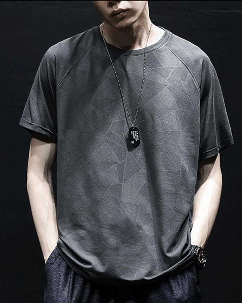 Dark graphic techwear t-shirt with an abstract futuristic print and relaxed urban streetwear silhouette, Clotechnow series 096 — view 3