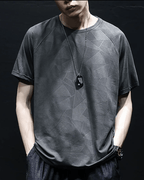 Dark graphic techwear t-shirt with an abstract futuristic print and relaxed urban streetwear silhouette, Clotechnow series 096 — view 3