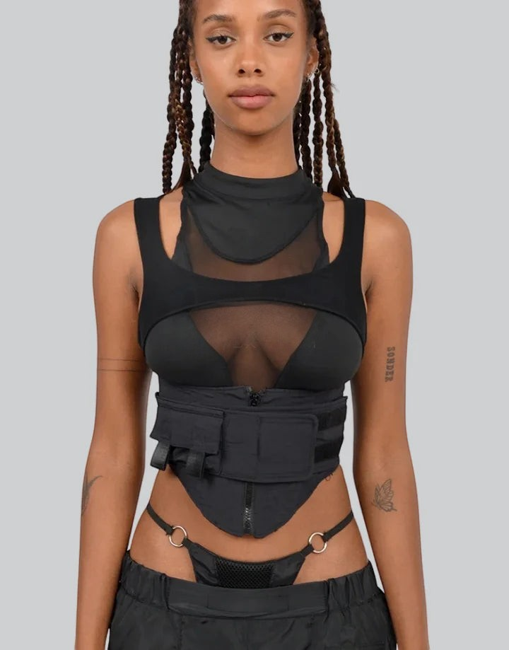 Dark graphic techwear t-shirt with an abstract futuristic print and relaxed urban streetwear silhouette, Clotechnow series 082 — view 3