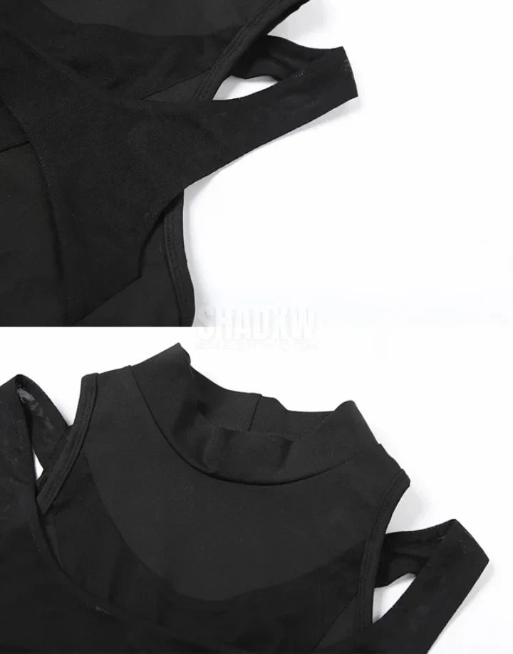 Dark graphic techwear t-shirt with an abstract futuristic print and relaxed urban streetwear silhouette, Clotechnow series 082 — view 8