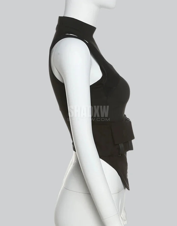 Dark graphic techwear t-shirt with an abstract futuristic print and relaxed urban streetwear silhouette, Clotechnow series 082 — view 7