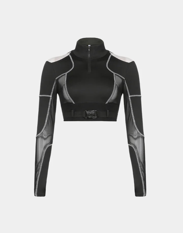 Dark graphic techwear t-shirt with an abstract futuristic print and relaxed urban streetwear silhouette, Clotechnow series 063 — view 1