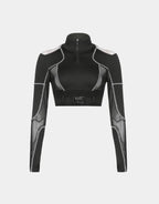 Dark graphic techwear t-shirt with an abstract futuristic print and relaxed urban streetwear silhouette, Clotechnow series 063 — view 1