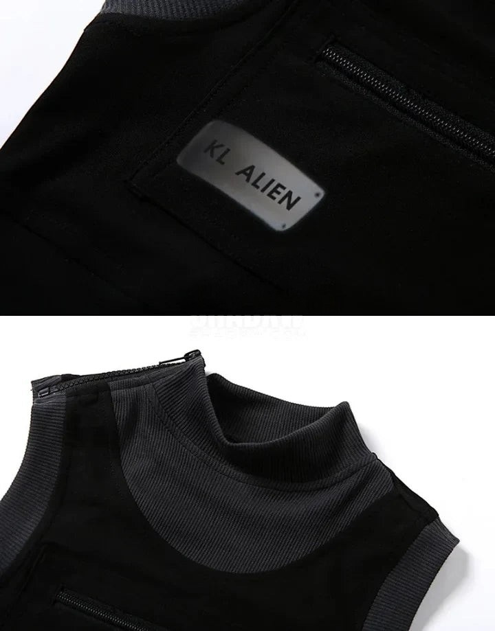 Dark graphic techwear t-shirt with an abstract futuristic print and relaxed urban streetwear silhouette, Clotechnow series 077 — view 9