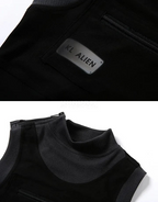 Dark graphic techwear t-shirt with an abstract futuristic print and relaxed urban streetwear silhouette, Clotechnow series 077 — view 9
